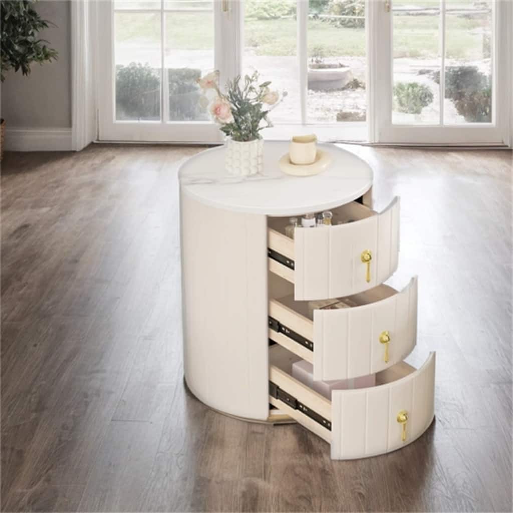 Round Upholstered Nightstand with 3 Drawers and Metal Handles