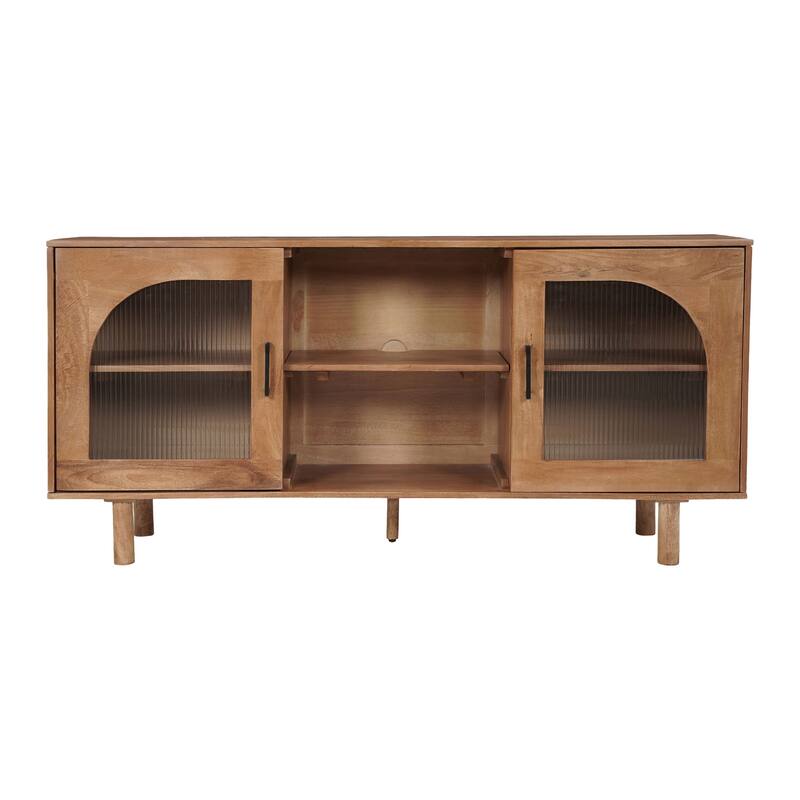 64 Inch James TV Stand Console, 2 Arch Glass Door Cabinets & Shelves, Walnut Brown Mango Wood