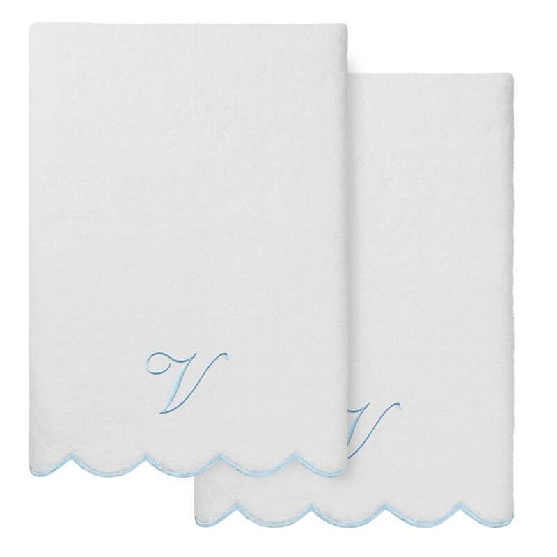 Authentic Hotel and Spa 100% Turkish Cotton Blue ADORNIA Scallop Personalized 2 Piece Bath Towel Set - 2 Bath Towels - V