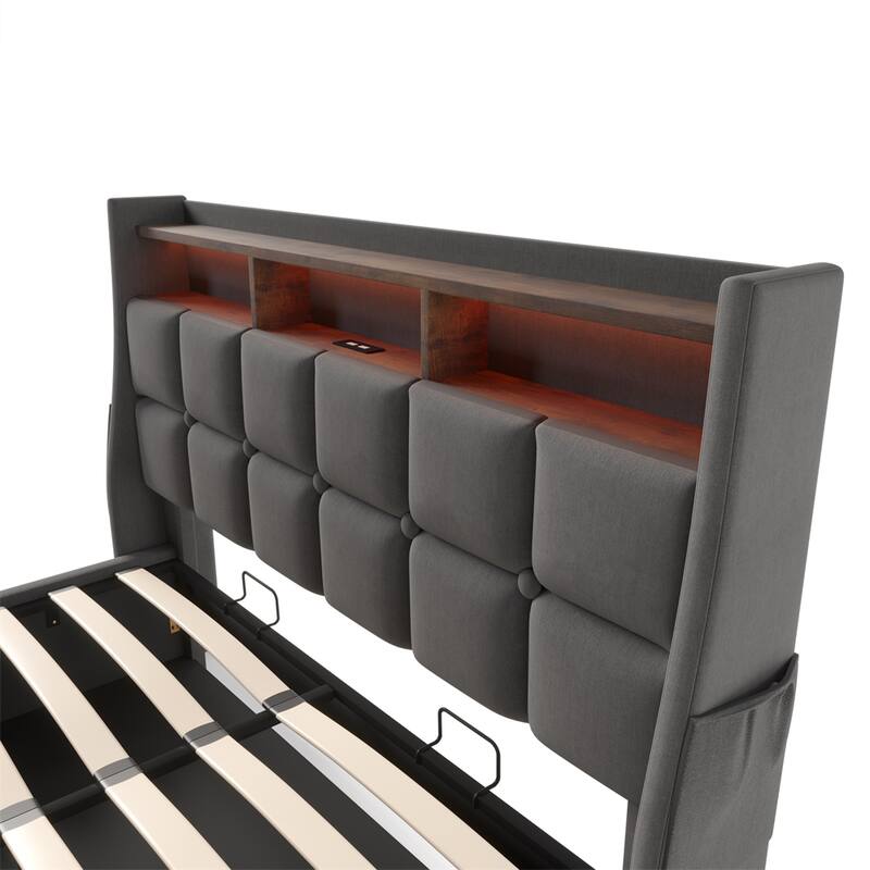 Queen Size Upholstered Platform Bed w/ a Hydraulic Storage System, LED