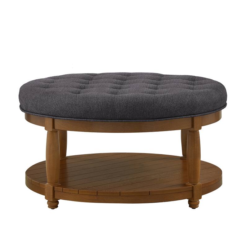 Large Round Tufted Linen Ottoman Coffee Table with Solid Wood Shelf - Charcoal Finish - Charcoal