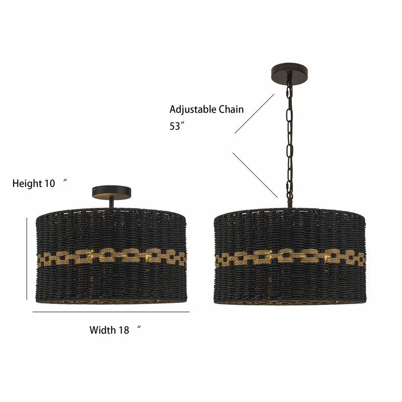 Kira 3-Light Rattan Rope Drum Pendant, Coastal Boho - Handwoven - 18" Wide