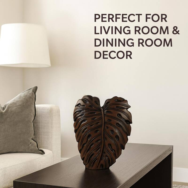 Philo Leaf Brown Textured Polyresin Vase with Botanical Design Accents