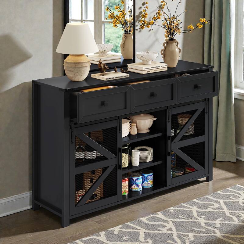 55" Sliding Barn Door Sideboard Buffet with 3 Drawers, Adjustable Shelves, Metal Mesh Doors & Aluminum Handles