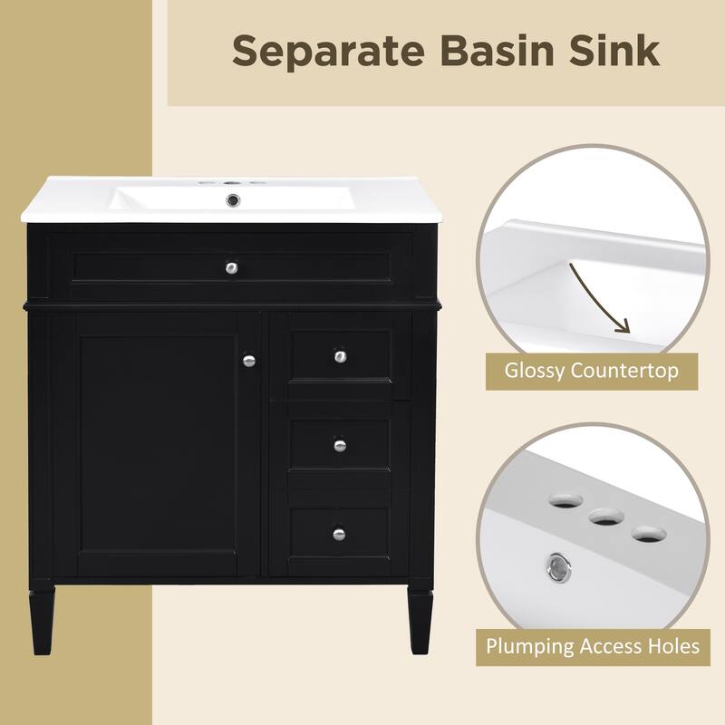 GDFStudio - Caldwell Modern Bathroom Vanity with Ceramic Sink, 2 Storage Drawers and Tip-Out Organizer - 30'W