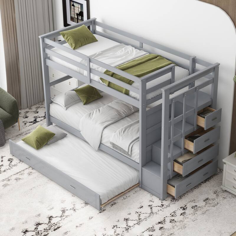 Stylish Twin-Over-Twin Bunk Bed with Solid Pine Construction & Easy Storage Staircase for Children's Bedrooms, Guest Rooms