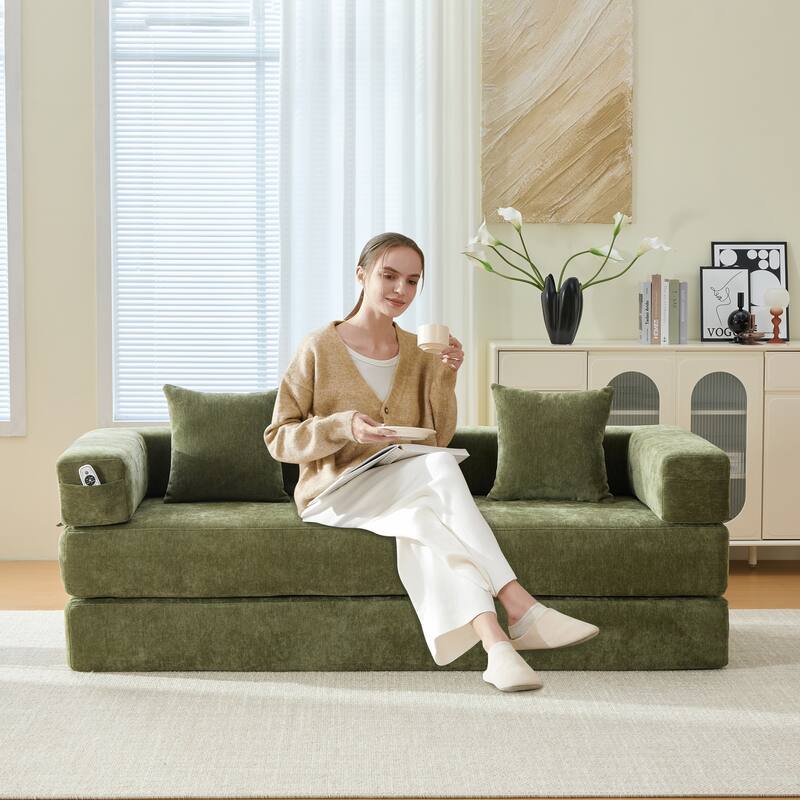 6-in-1 Folding Memory Foam Sleeper Sofa Bed Chenille Floor Chaise Lounge Couch with Side Pocket, Removable & Washable Cover - Green