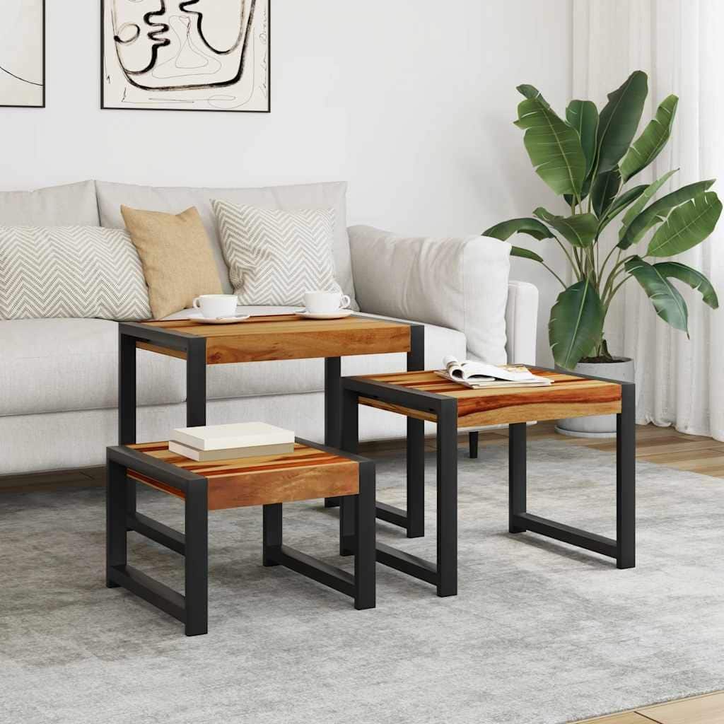 vidaXL Nesting Tables Set of 3, Acacia Wood, Black Steel Frames