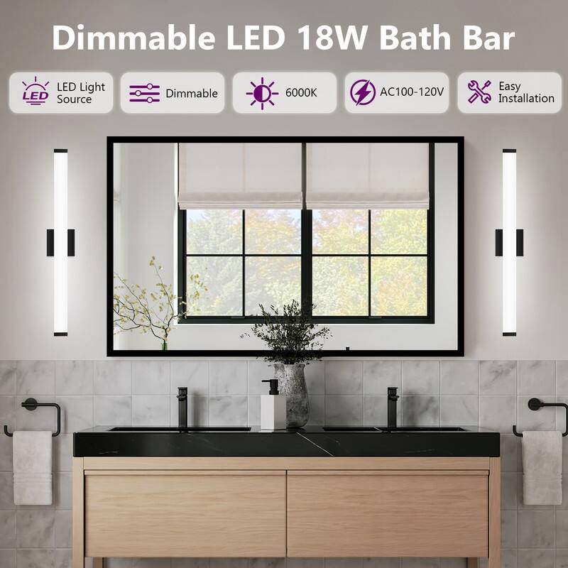 Modern Black LED Bathroom Vanity Light - 6000K Cool White Over Mirror Lighting