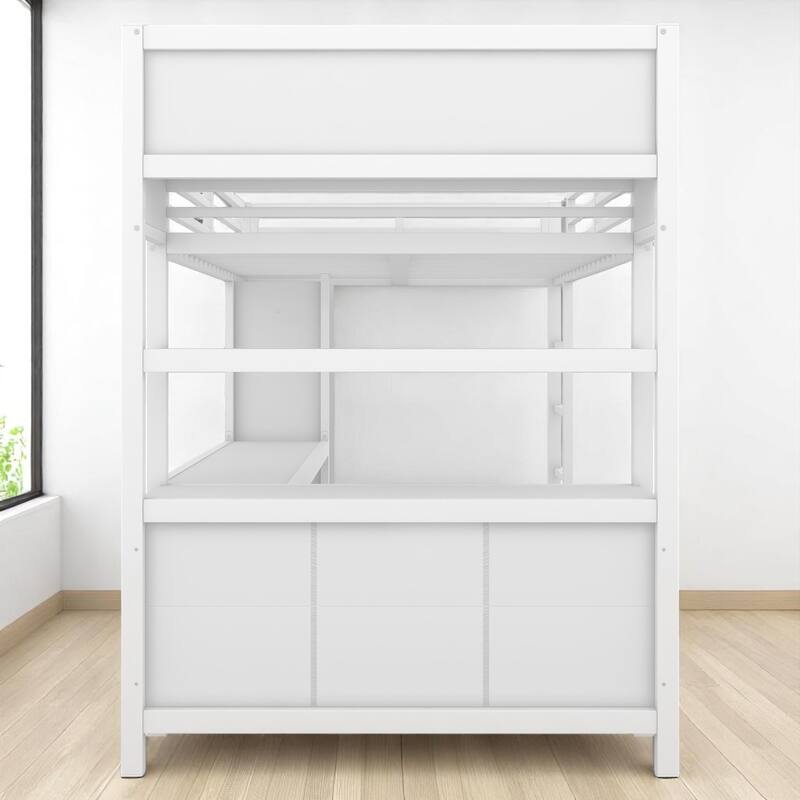 Metal Loft Bed Full/Queen with Desk, Wardrobe & Storage Shelves for Teens and Adults, Sturdy Frame, No Box Spring