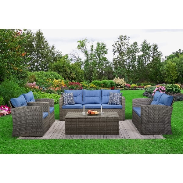 5 Piece Outdoor Living Patio Rattan Conversation Sofa Set With Cushions Overstock 31457528