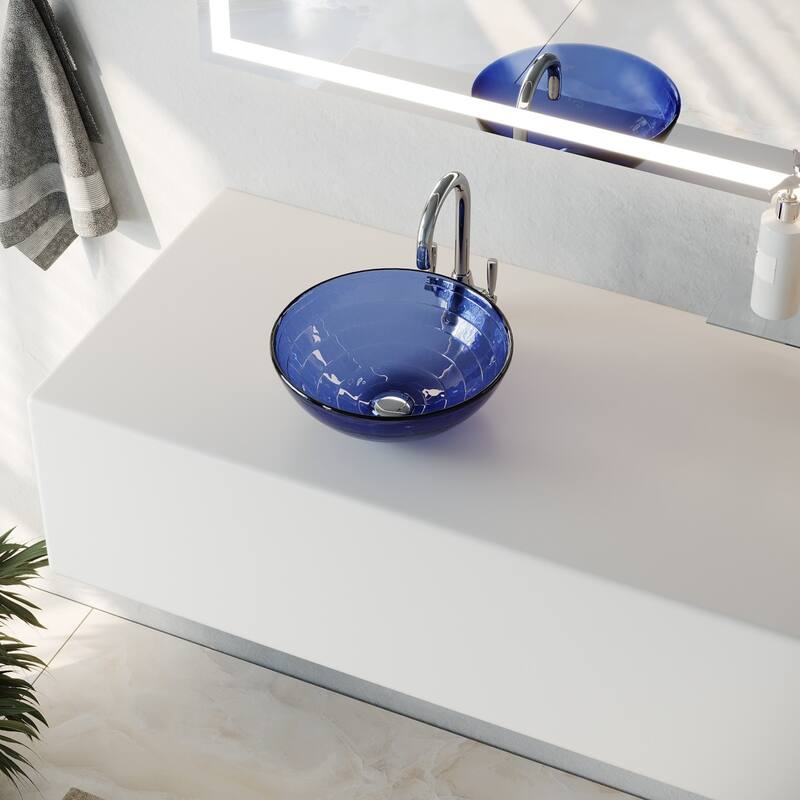 12" Round Frosted Blue Tempered Glass Bathroom Vessel Sink with Sink Drain