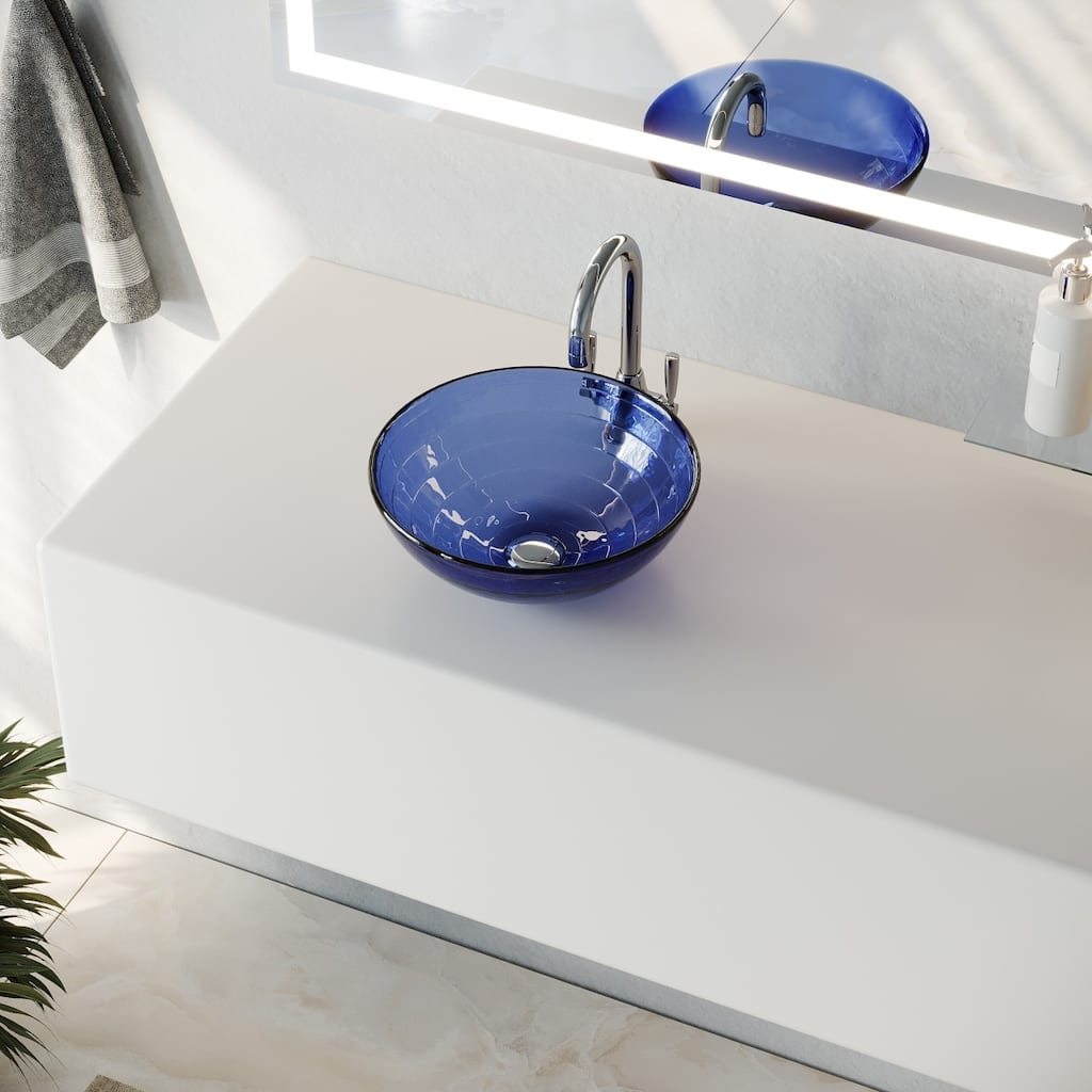 12" Round Frosted Blue Tempered Glass Bathroom Vessel Sink with Sink Drain