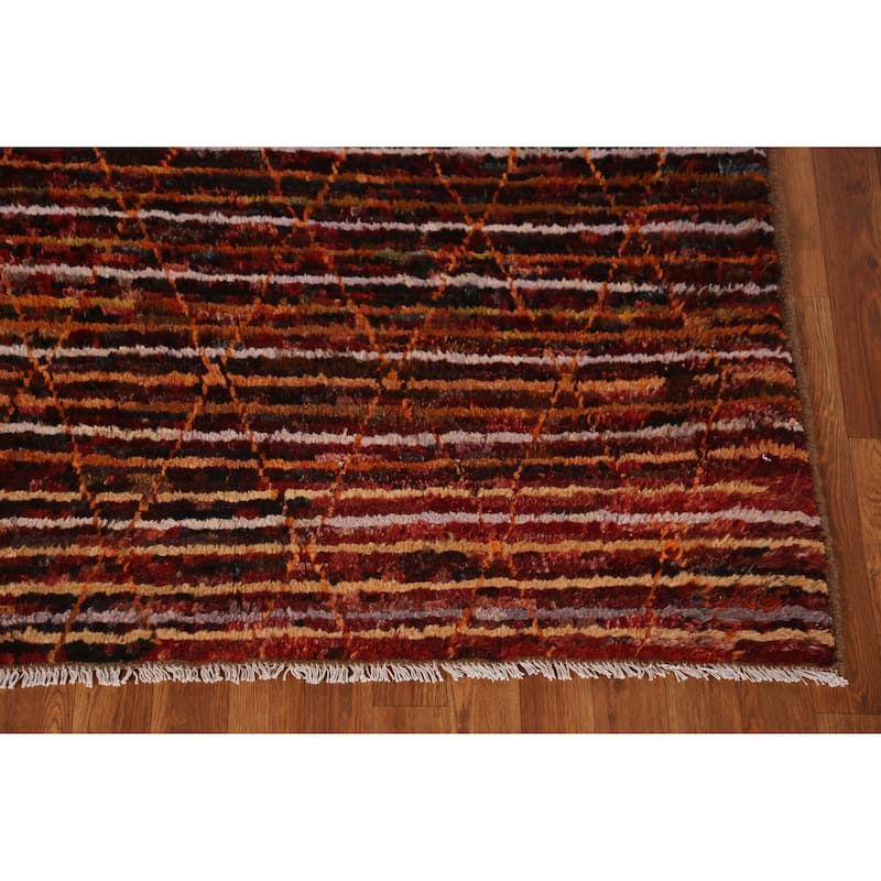 Striped Trellis Moroccan Oriental Rug Hand-Knotted Wool Carpet - 4'7" x 6'4"