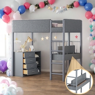 Twin Size Loft Bed Wood Bed With Storage Shelf,Drawers and Desk
