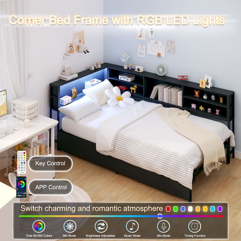 Corner Bed Unit with Storage, USB & LED Lighting