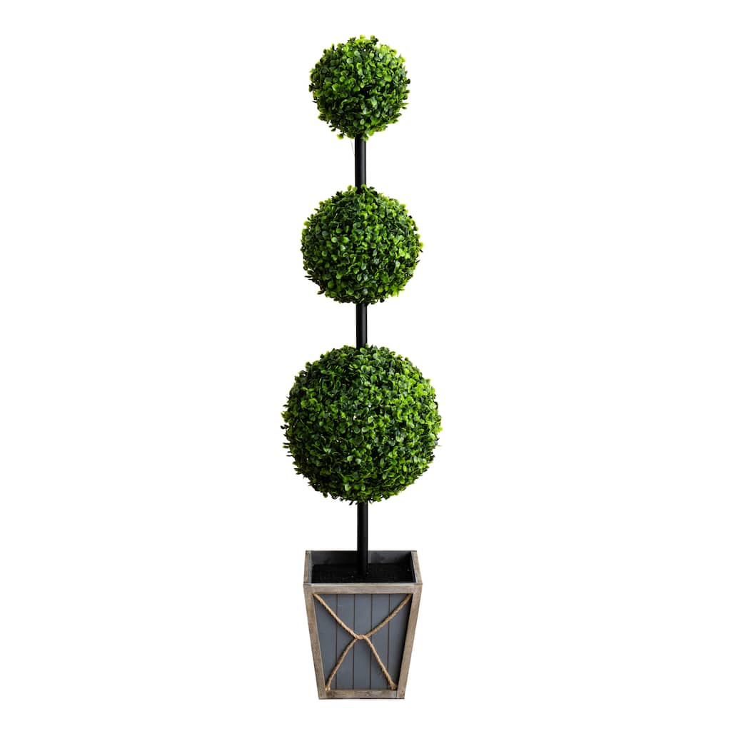 45" UV Resistant Triple Ball Boxwood Topiary with Lights in Planter - Green