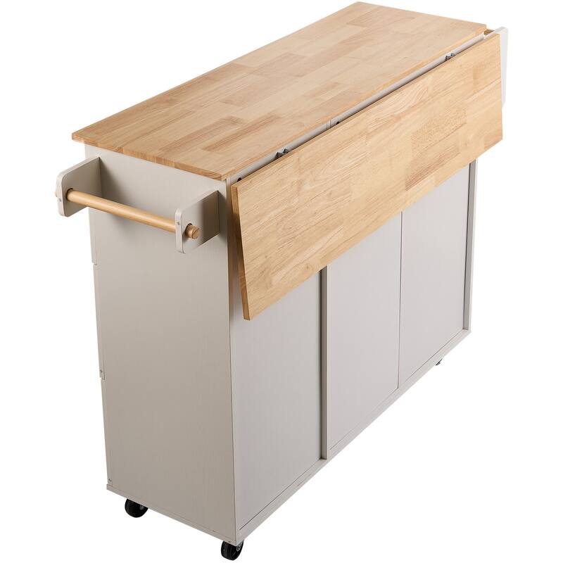 Kitchen Island Cart with Solid Wood Top, Spice Rack, Towel Rack, Drop Leaf & Drawer
