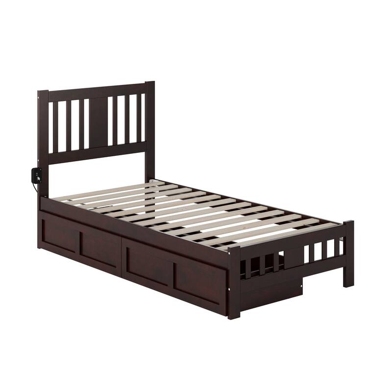 Twin Bed in Espresso with Footboard and 2 Storage Drawers, Mission Slats, and Turbo Charging Station