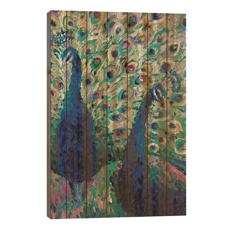 Gemini Peacock Print On Wood by Iris Scott - Multi-Color - 40x26x1.5