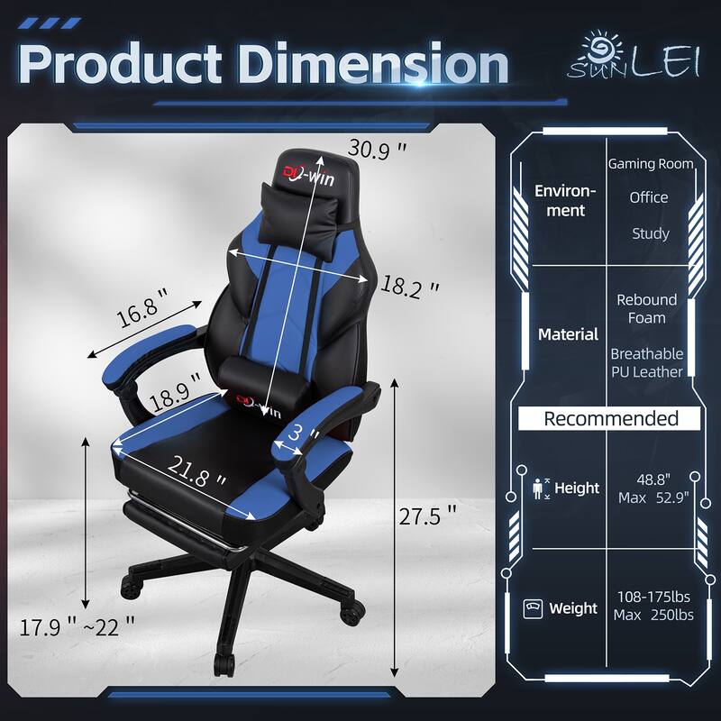 Futzca Gaming Chair PU Leather Office Chair with Headrest, Footrest & Massage Lumbar Support
