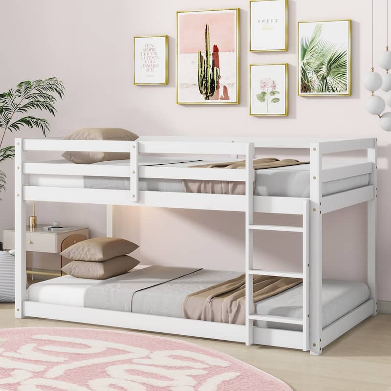 Twin over Twin Solid Rubber Wood Bunk Bed with Ladder and Strengthened Slats, White
