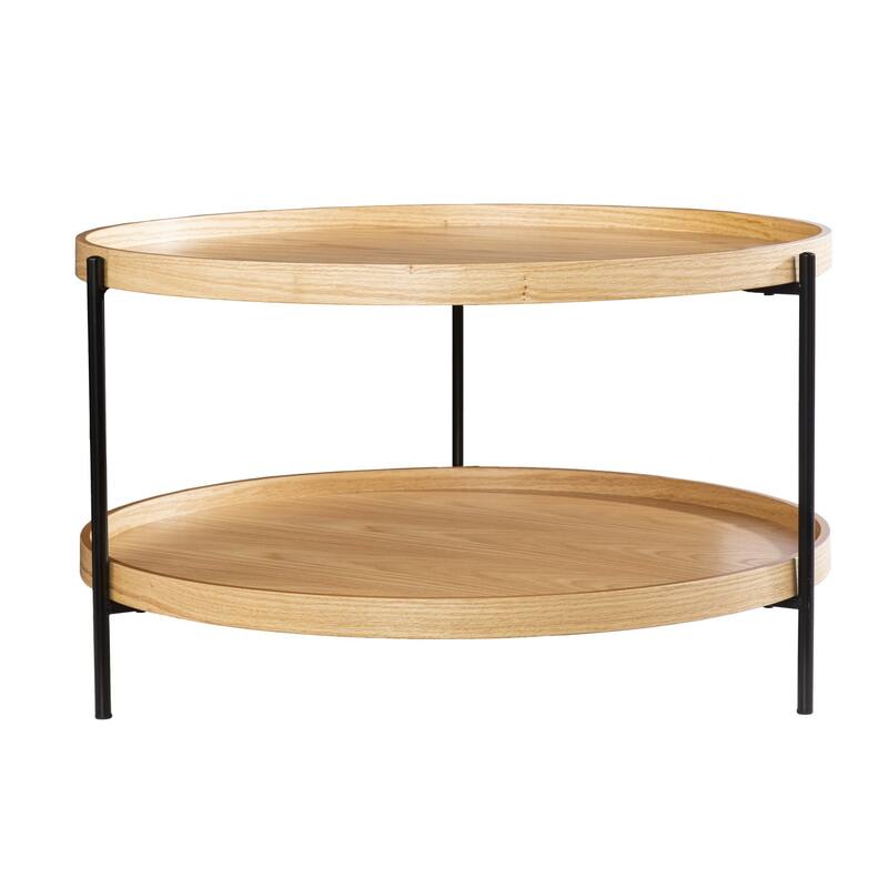 Modern Round Wood Coffee Table with Metal Base and 2-Tier Storage Shelf Perfect for Living Room - 33.75”L x 33.75”W x 18”H
