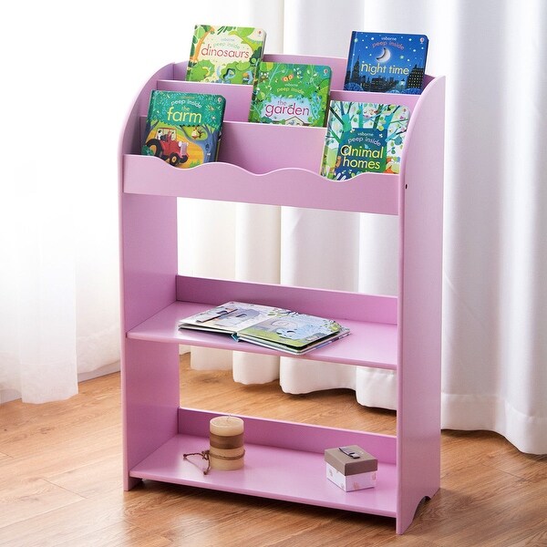 Gymax Kids Teen Bookshelf Magazine Storage Bookcase 3-Tiers Furniture Gift Study Pink