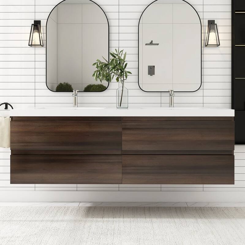 MDF Wall-Mounted Bathroom Vanity Set in Grey Oak with Integrated Culture Marble Sink