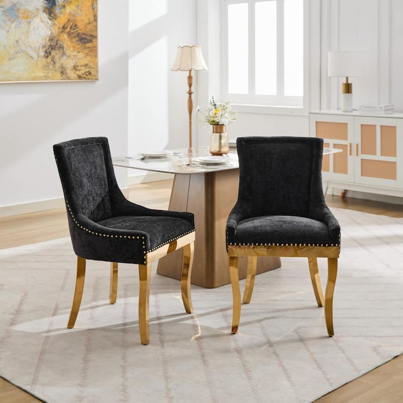 Chenille Dining Chairs, Modern Upholstered Accent Chair with Curved Gold-Plated Legs & Rivet Trim, Plush Fabric, Set of 2