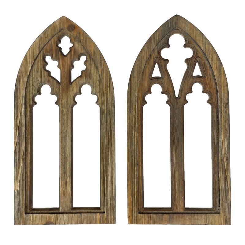 Washed Wood Gothic Arch Window Frame Wall Decor 2 Piece Set - Black