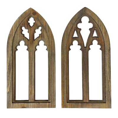 Washed Wood Gothic Arch Window Frame Wall Decor 2 Piece Set