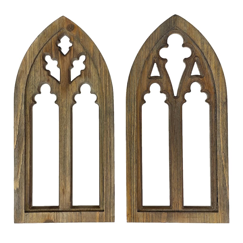 Washed Wood Gothic Arch Window Frame Wall Decor 2 Piece Set