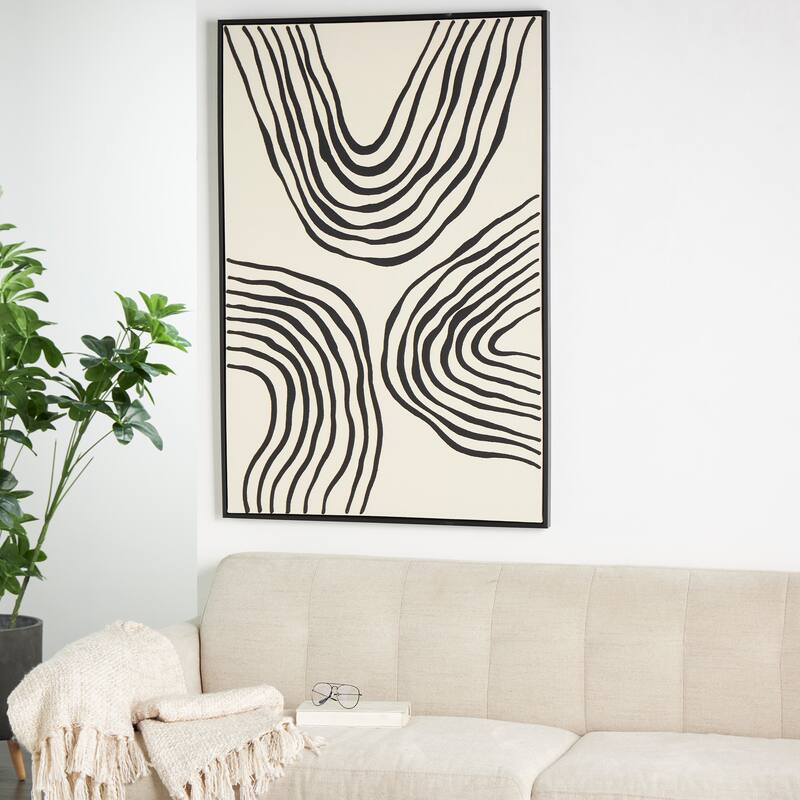 Black Wooden Wavy Line Abstract Framed Wall Art with Black Wooden Frame - 33"W, 49"H