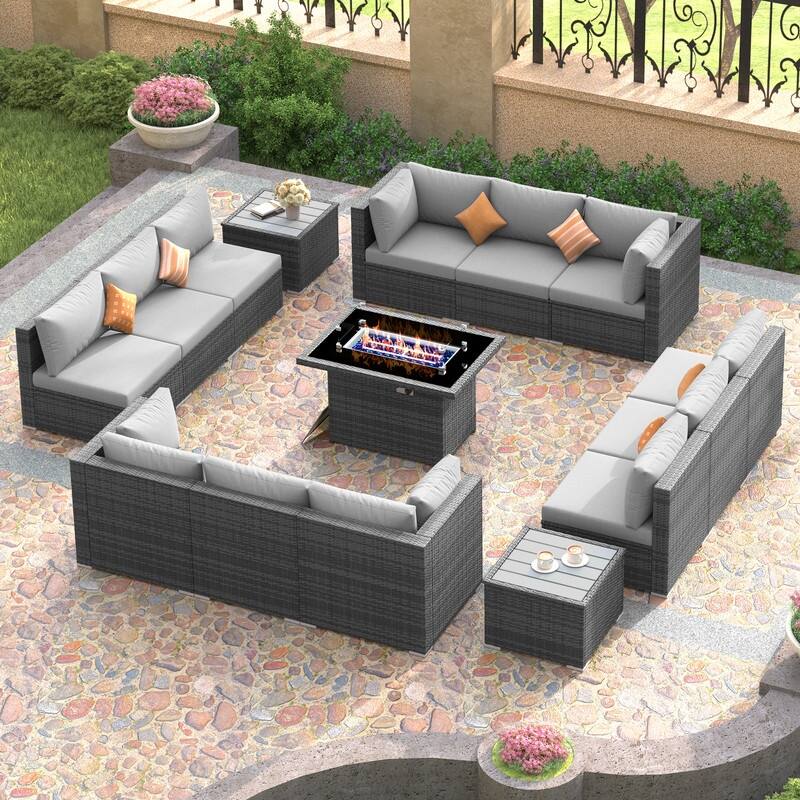 FINCATI Outdoor Grey Wicker Sectional Furniture Patio Sofa Set with Firepit Table