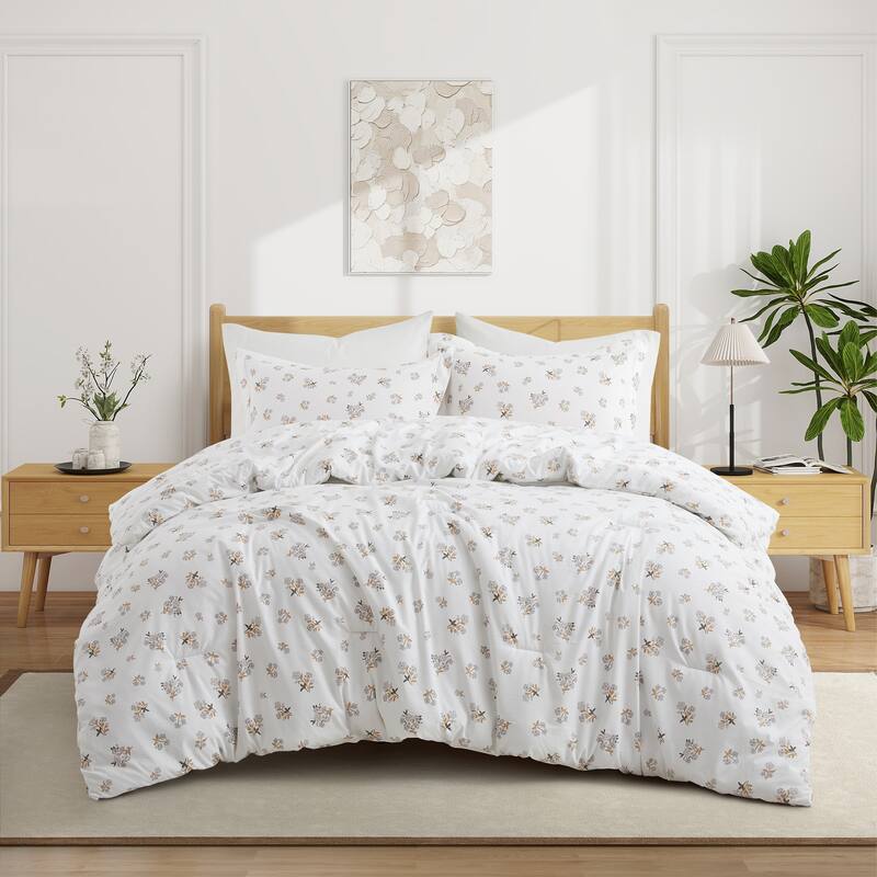 Floral Printed Comforter Set with Pillowcases, Bedding Set for All Season - White - King