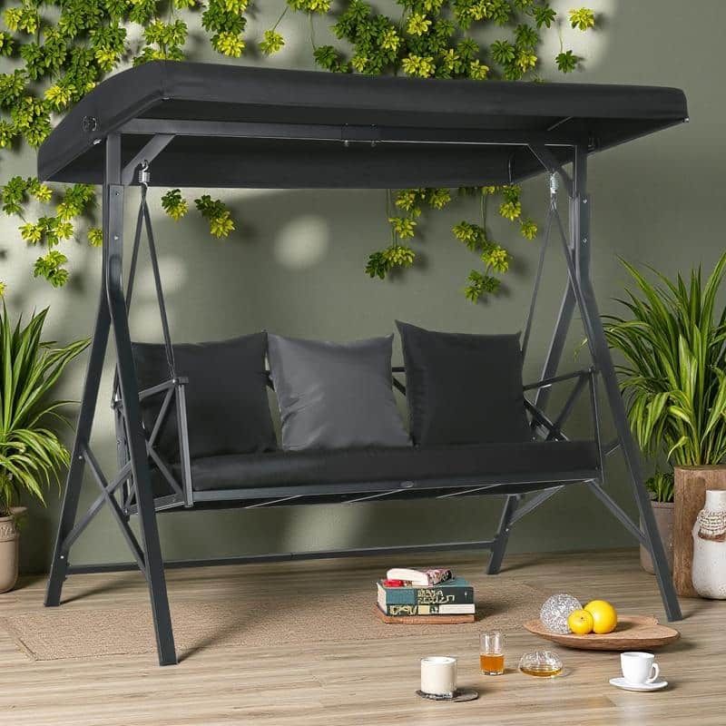 Steel 3-Seat Patio Swing with Canopy - Outdoor Glider Cushion and Throw Pillows (660lb Capacity) - Black
