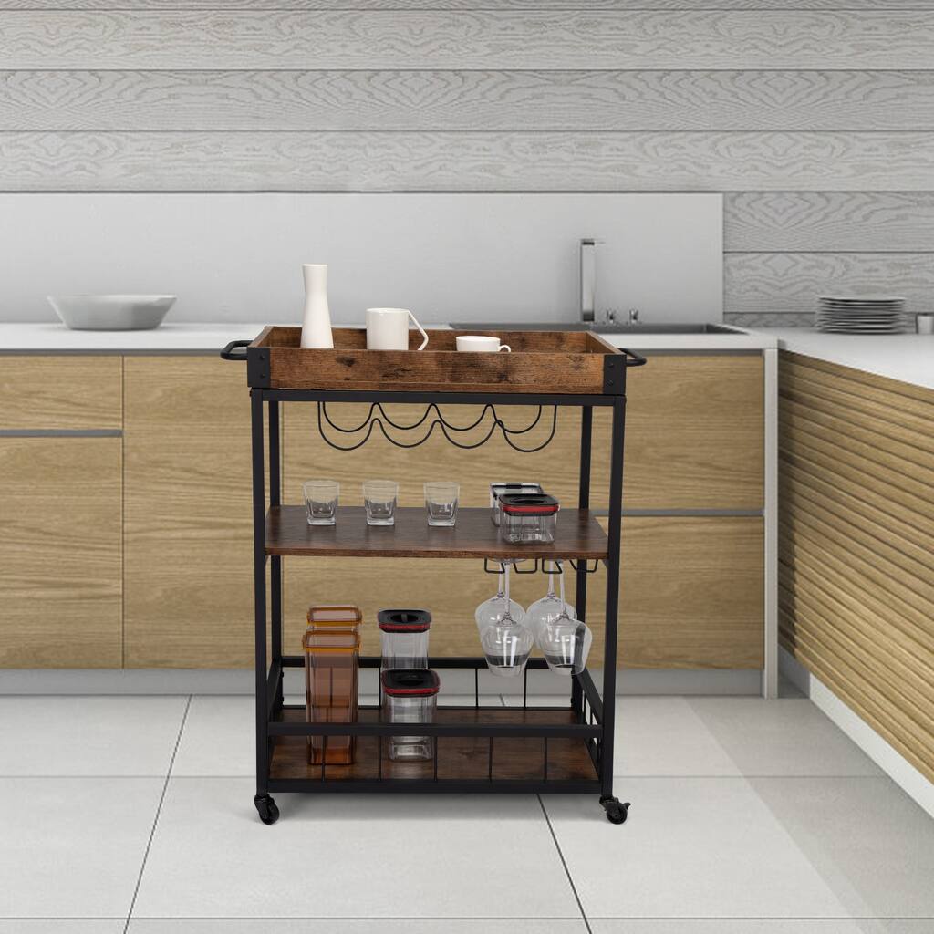 3-Tier Industrial Style Kitchen Cart with Casters and Removable Tray