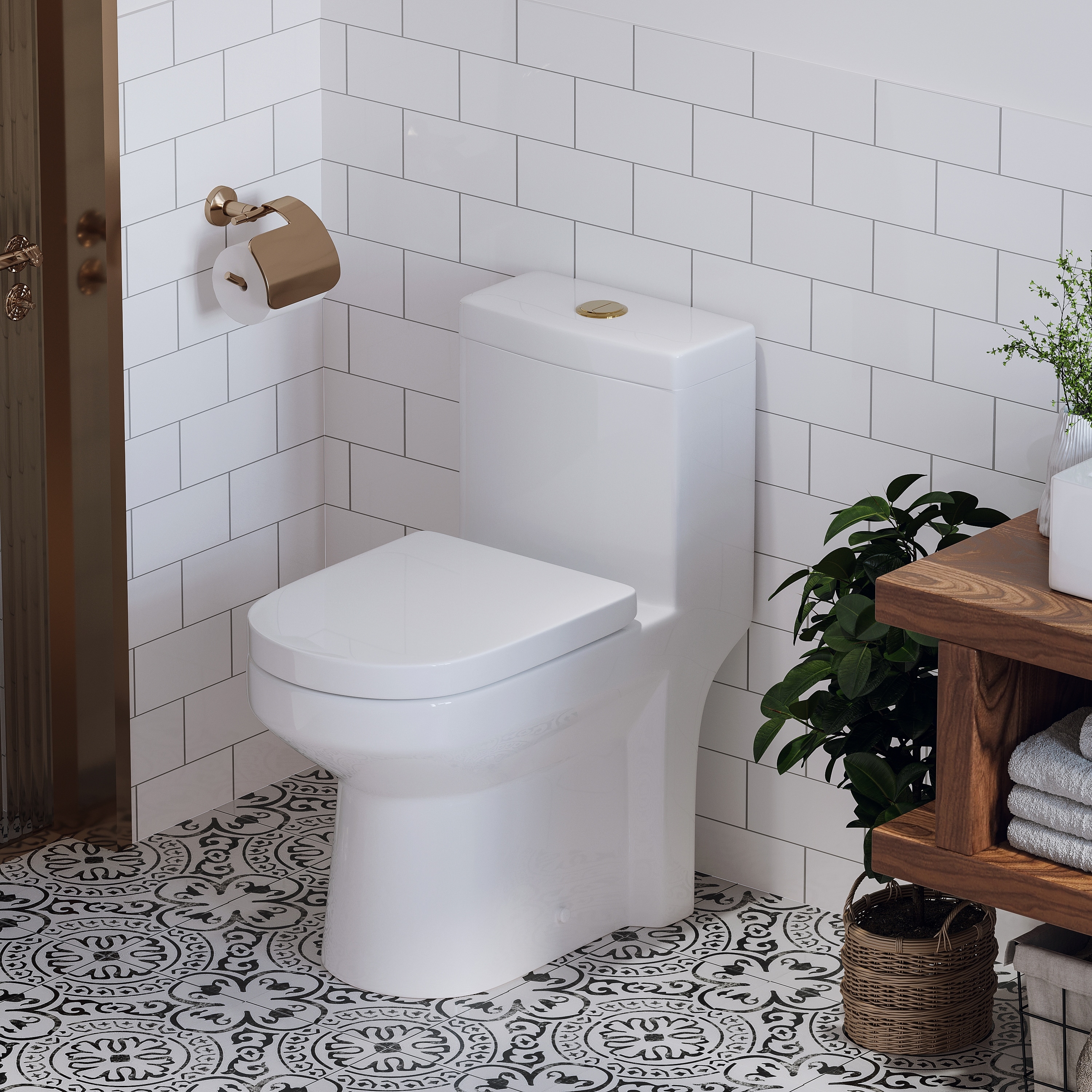 HOROW 1 Piece High Efficiency Dual Flush Toilet White 0.8/1.28 GPF Seat Included Brushed Gold Button - N/A