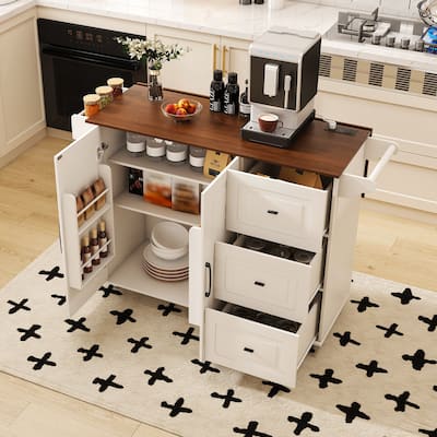 Kitchen Island Cart on Locking Wheels, Drop-Leaf Wood Breakfast Bar, Rolling Cart with Adjustable Shelves & 3 Drawers