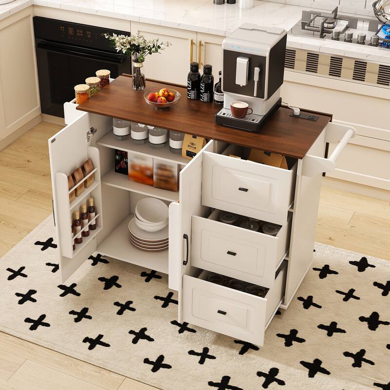 Kitchen Island Cart with Foldable Tabletop & Drop Leaf - Mobile Breakfast Bar on Wheels with Wood Top and Storage - White+Walnut