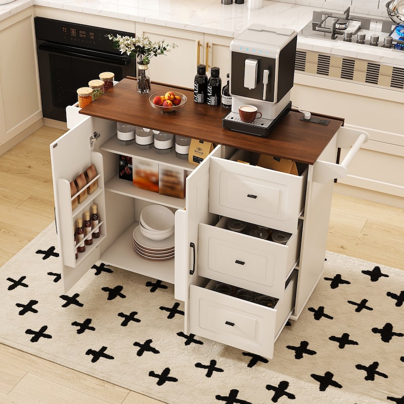 Modern Kitchen Island Cart with Foldable Tabletop 3 Drawers, Hidden Cabinets, Spice Rack and Towel Rack, for Kitchen - White