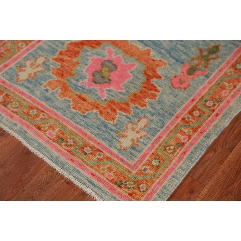 Hand Knotted Oriental 100% Wool Carpet Transitional Floral Navy Blue & Blues Oushak Runner Rug - 12' 8'' X 2' 11''