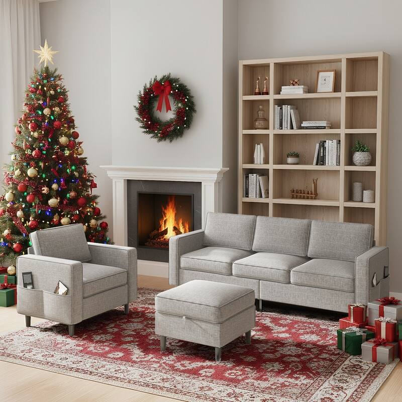 Mixoy Convertible Living Room Furniture Set-Single Sofa/Loveseat/3-Seat Sofa with Ottoman for DIY Combination - Light Grey-3+1 - Reversible