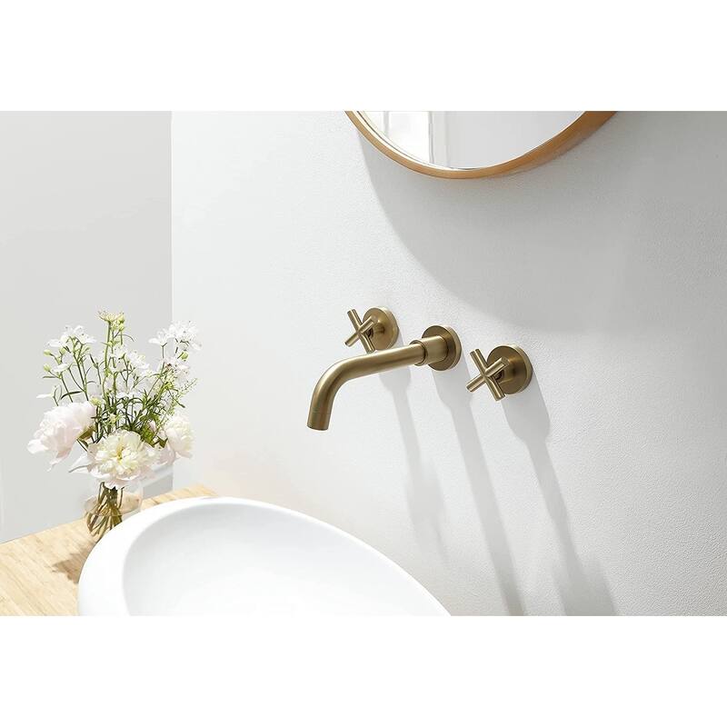 Double Handle Wall Mount Bathroom Faucet Brushed Gold