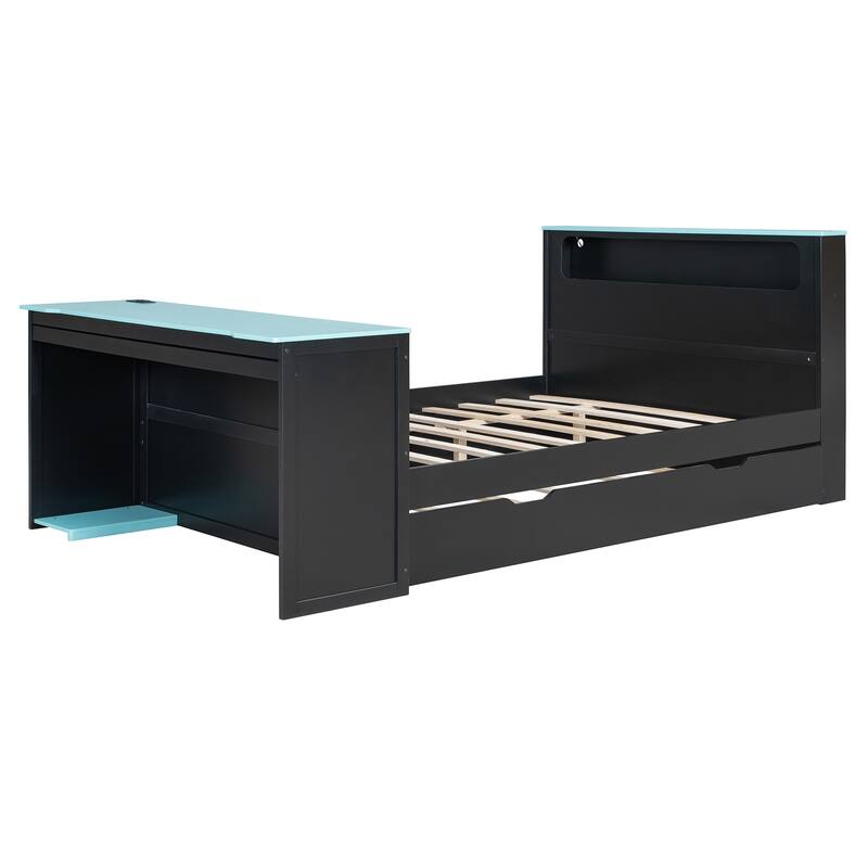 Wood Daybed with Trundle & Built-in Desk, LED Lights & USB Charging Port, Available in Full or Twin