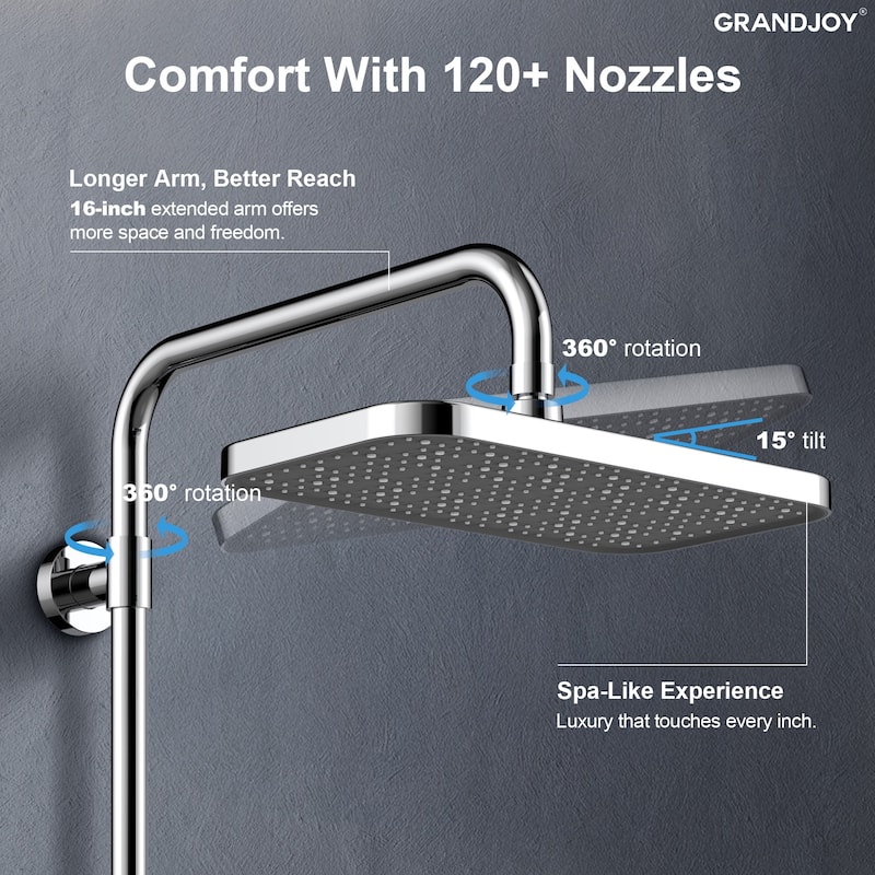 GRANDJOY 12" Rainfall Shower Head 3-Function Shower System with Adjustable Handheld Spray