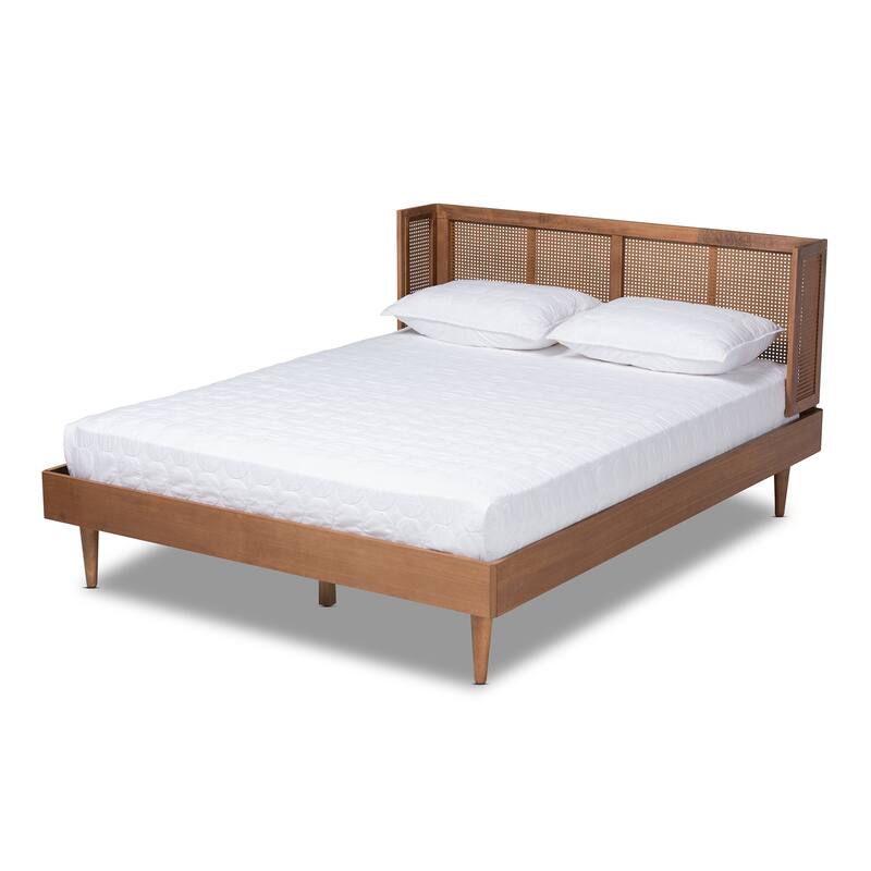 Mid-Century Modern Platform Bed - Ash Walnut Wood & Synthetic Full Size - Wrap-Around Headboard