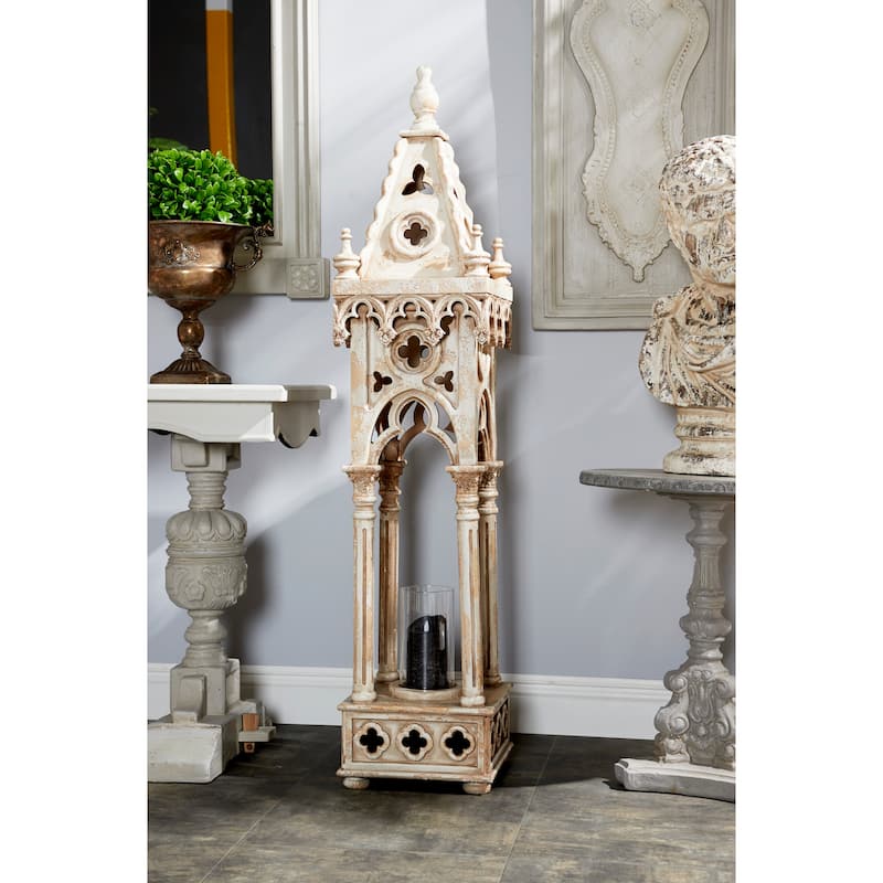Wood Standing Decorative Candle Lantern - White - Roche River Decor - 12"W x 12"L x 55"H