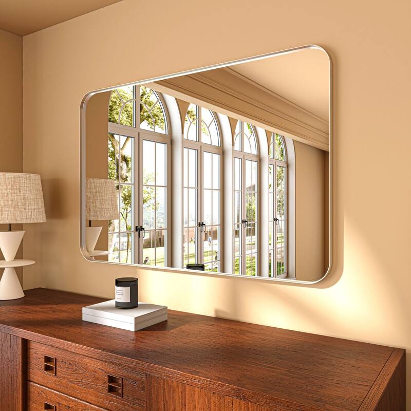 Organnice Rectangular Aluminum Framed Modern Rounded Wall Mount Mirror